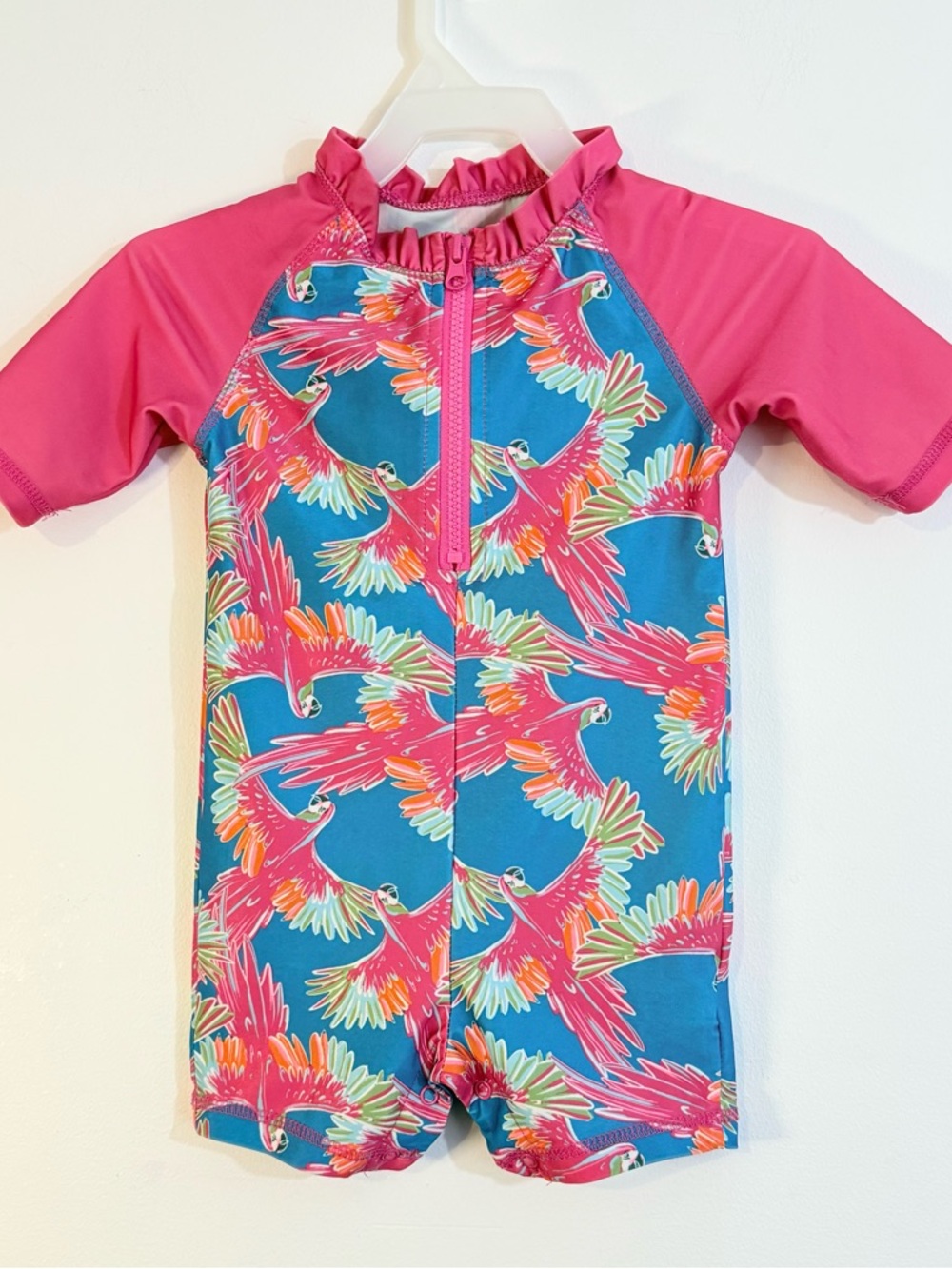 Crown & Ivy Kids 3T Pink Parrot Rash Guard Swimsuit One Piece Tropical Swimwear